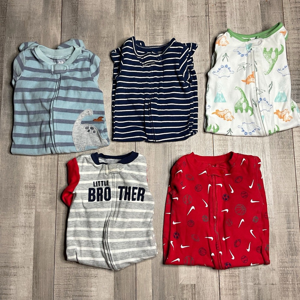 Carter's Baby Footed Zip Sleepers Striped Dino Sports Lot 5 3-6M/6M
